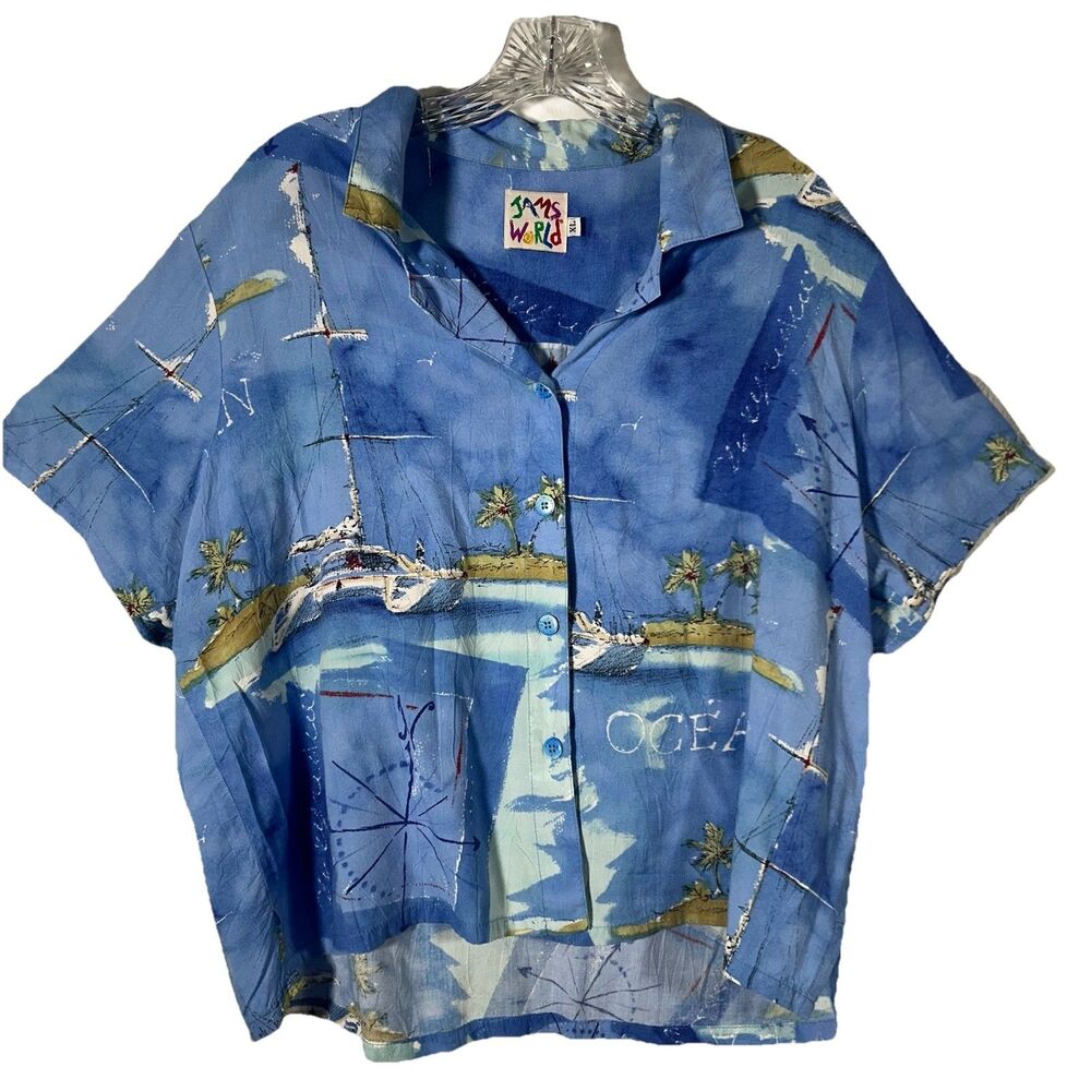Vintage Jams World Catamaran Hawaiian Button Up Shirt Blue Womens Sz XL Tropical